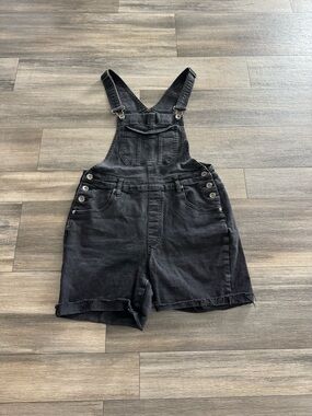 Hot Topic Black Denim Overall Shorts Women’s Size S Button Pockets Sleeveless